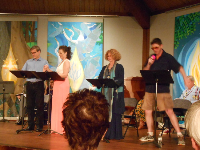 (l to r) Lee Ordeman and Alicia Sweeney prepare to be married in Sandy's (center- Rena Cherry Brown) wedding chapel. They are being married by Elvis (Judson Davis, far right) 