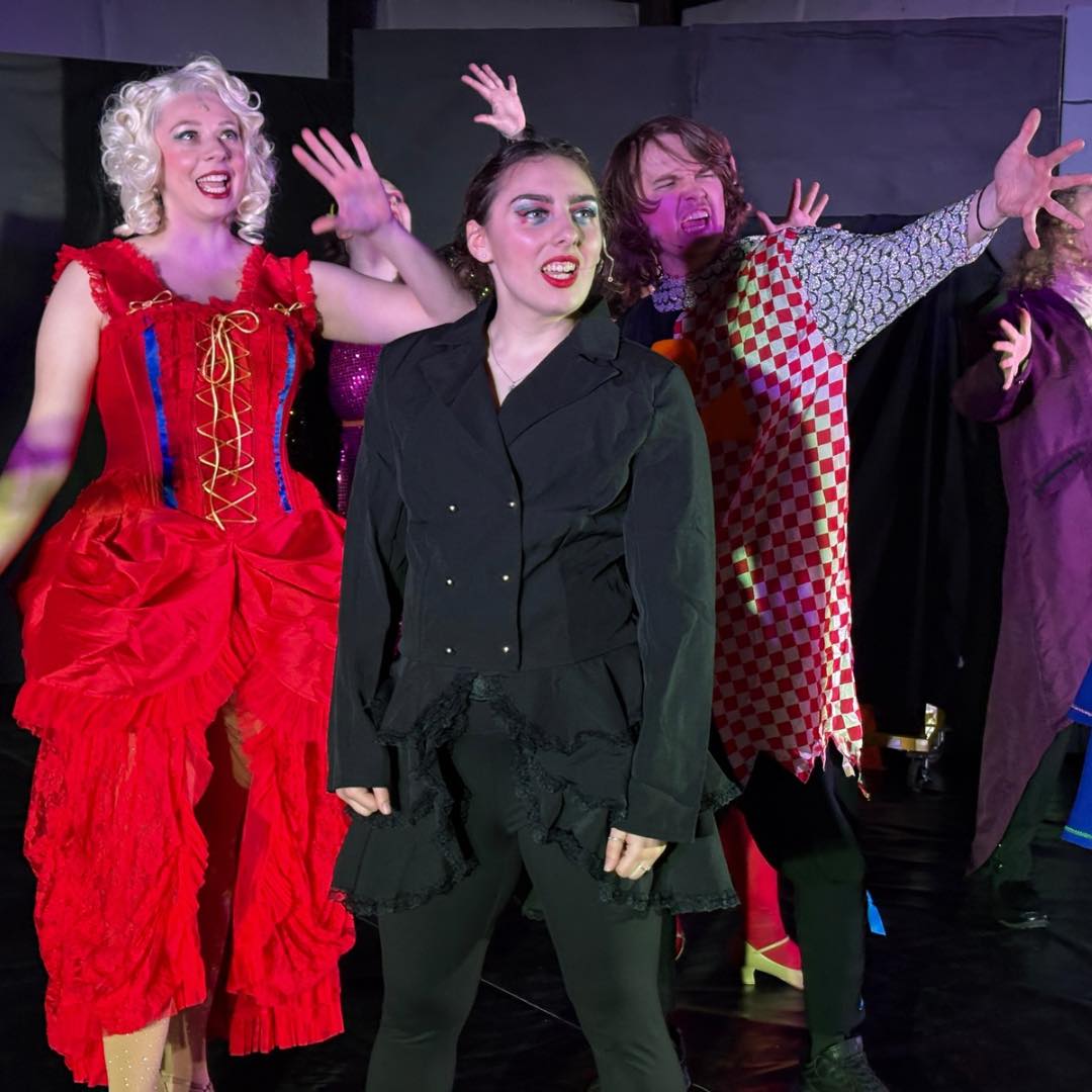 Tia Silver (left) as Fastrada, Dani Rizzo (center) as Leading Player, and Alex Gibbs (right) with the ensemble of Pippin at Small Town Stars Theatre Company 📷 Mort Shuman