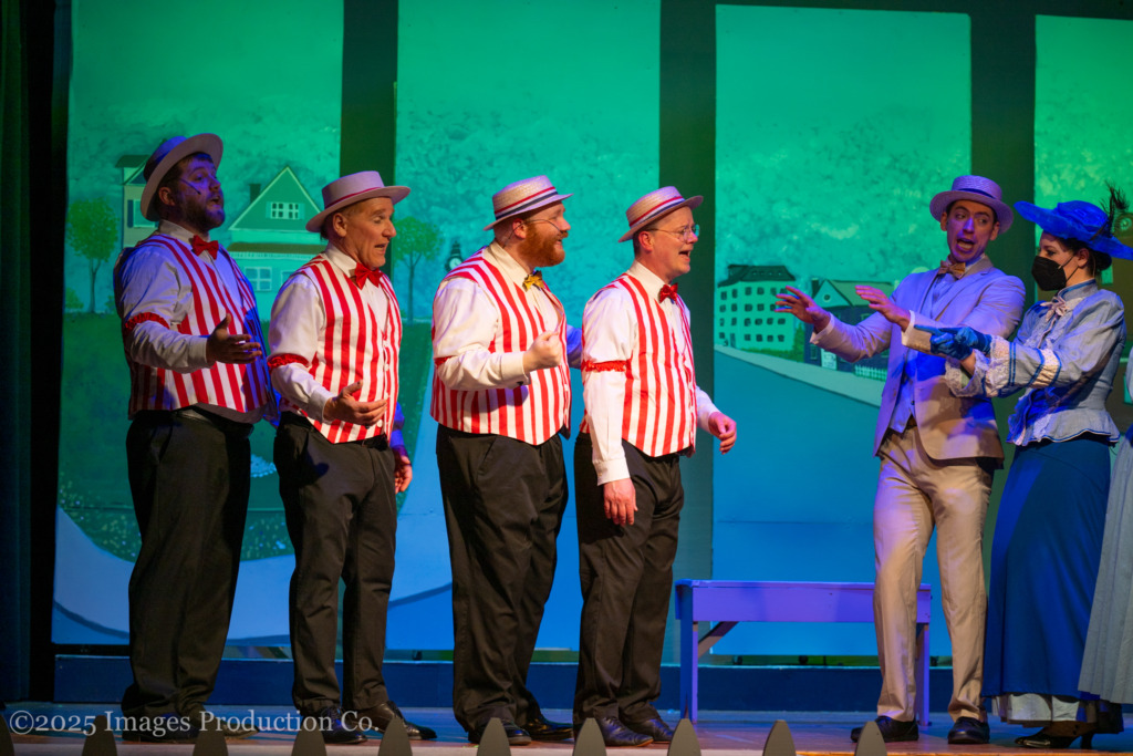 (L toR) Andrew Pedrick as Olin Britt, Mitch Fishbein as Oliver Hix, William Zellhofer as Ewart Dunlop, Jeff Baker as Jacey Squires, and Adam Goldsmith as Harold Hill in The Music Man at Third Wall Productions 📷 Images Production Co.