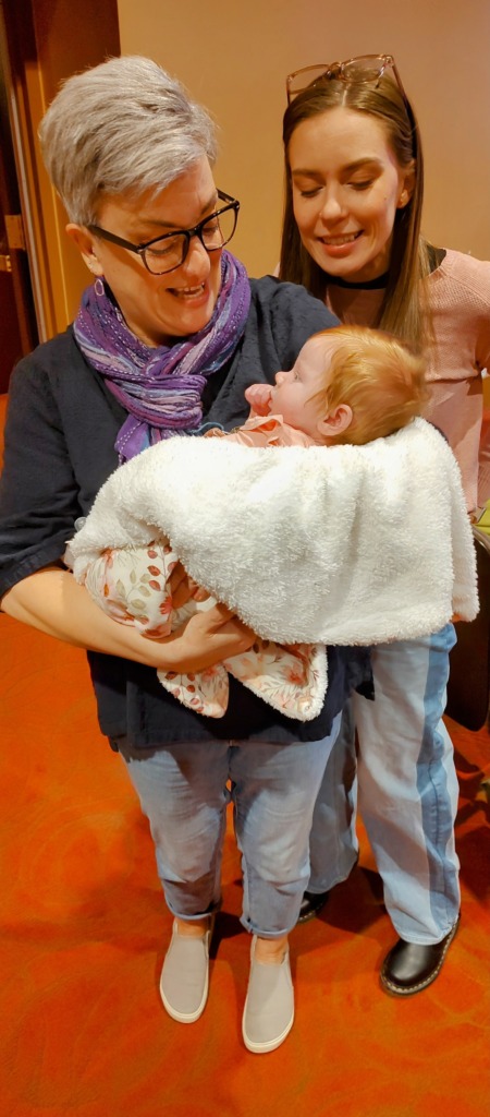 Jess (left) and McKenzie (right) Brockmeyer rehearsing for Steel Magnolias with 'Jack Jr' (3-month old Colbie Peterson...who is not actually appearing in the play...but appeared at rehearsal courtesy of Matthew Peterson)