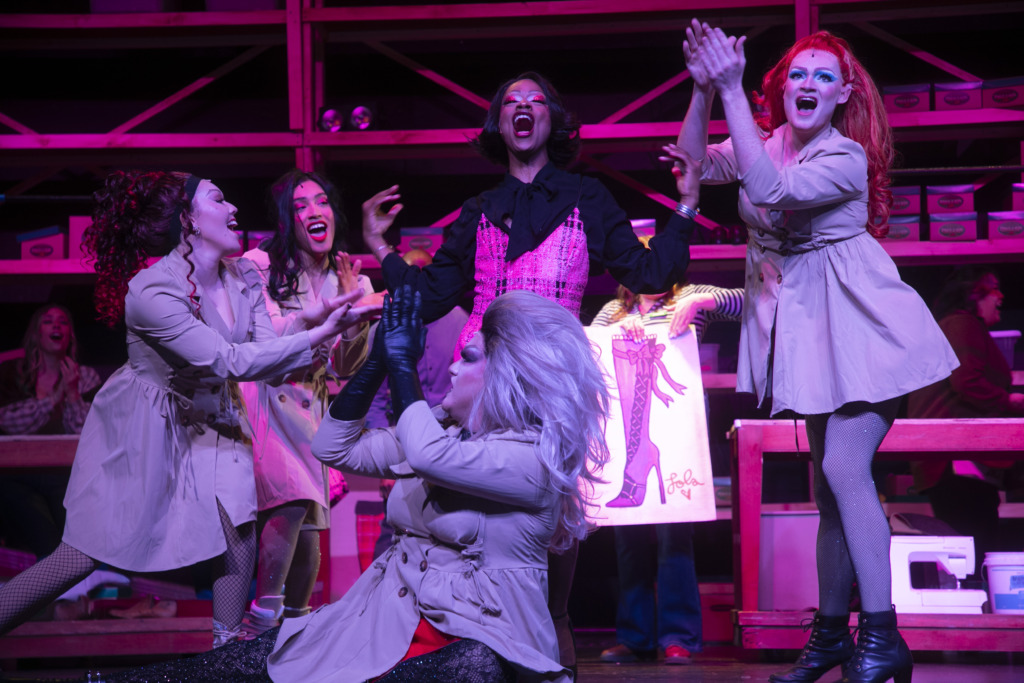 Joshua Franklin (center) as Lola and The Angels in Kinky Boots at Silhouette Stages 📷 Shealynn Jae Photography