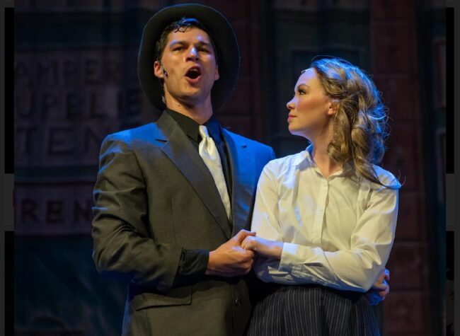 Danny Bertaux (left) as Sky Masterson and Heather Moe (right) as Sgt. Sarah Brown in Guys & Dolls at HCST 📸 Neil Rubino