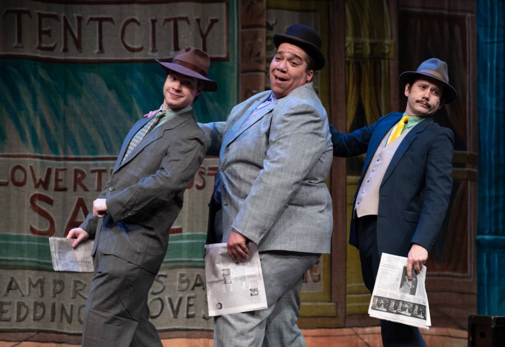 Sam Bishop (left) as Rusty Charlie with James Toler (center) as Nicely Nicely Johnson and Justin Moe (right) as Benny Southstreet in Guys & Dolls at HCST 📸 Neil Rubino