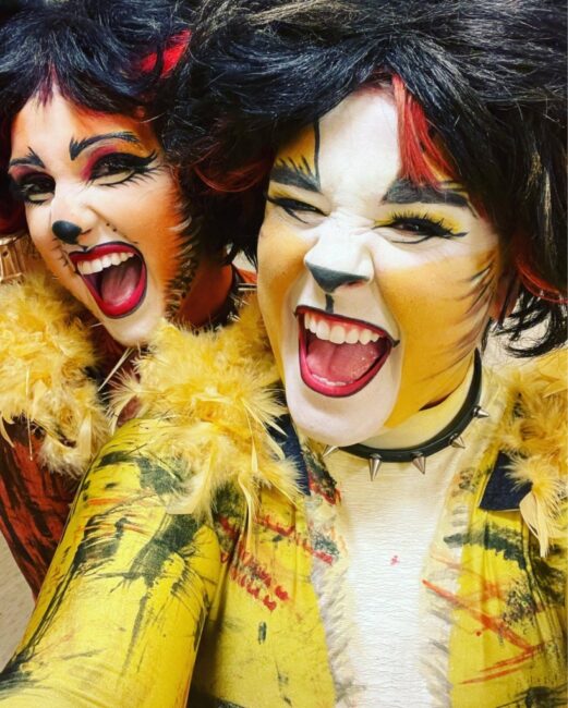 Lindsey McCumber (left) as Bombalurina and Erin McArthur (right) as Demeter in Cats at Tidewater Players 2022