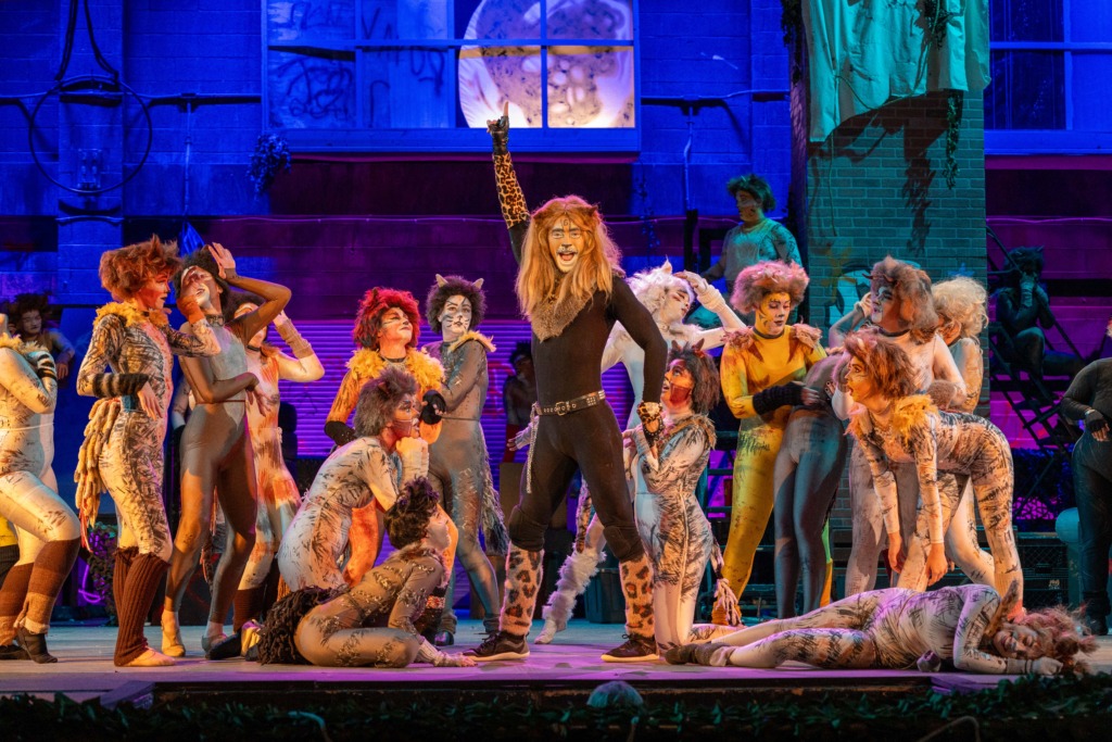 Adam Goldsmith (center) as Rum Tum Tugger and the cast of Cats at Cockpit in Court 📷 Trent Haines-Hopper