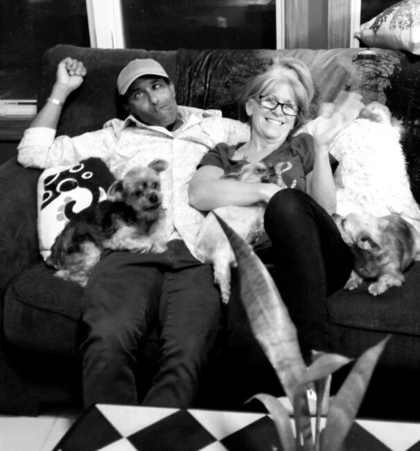 Eyvo (left) and Bambi Johnson (right) and the pups relaxing at home on a not-rehearsal night.