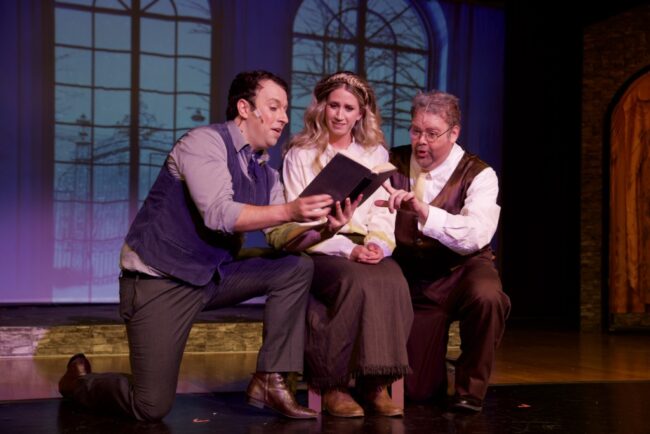 Josiah Nusbaum (left) as Dmitri, Amber Bates (center) as Anya, and Seth Hench (right) as Vlad in Anastasia at Glyndon Area Players 📷 awgulphotography