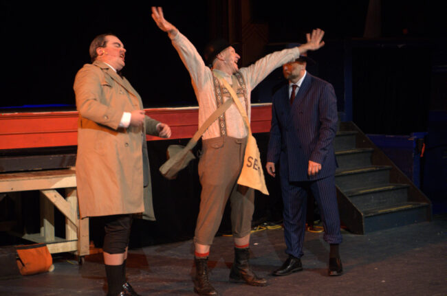 Daniel Michel (left) as Leo Bloom, with Phil Hansel (center) as Franz and Brian Ruff (right) as Max Bialystock in The Producers 📷 Austin Barnes Photography