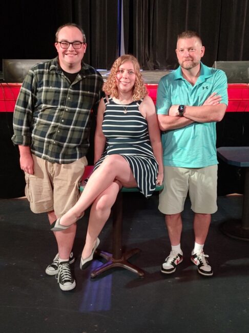 Daniel Michele (left) with Rachel Bagley (center) and Brian Ruff (right) rehearsing for The Producers with The State Theatre of Havre de Grace