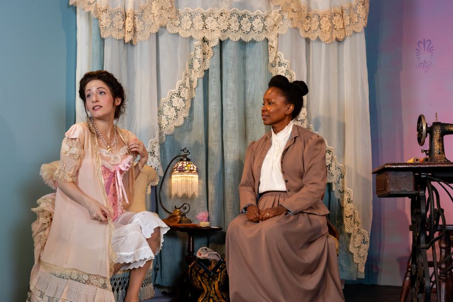 Jessica Cooperstock (left) as Mrs. Van Buren and Danielle J. Curry (right) as Esther in Intimate Apparel at Compass Rose Theater 📷 Joshua Hubbell 