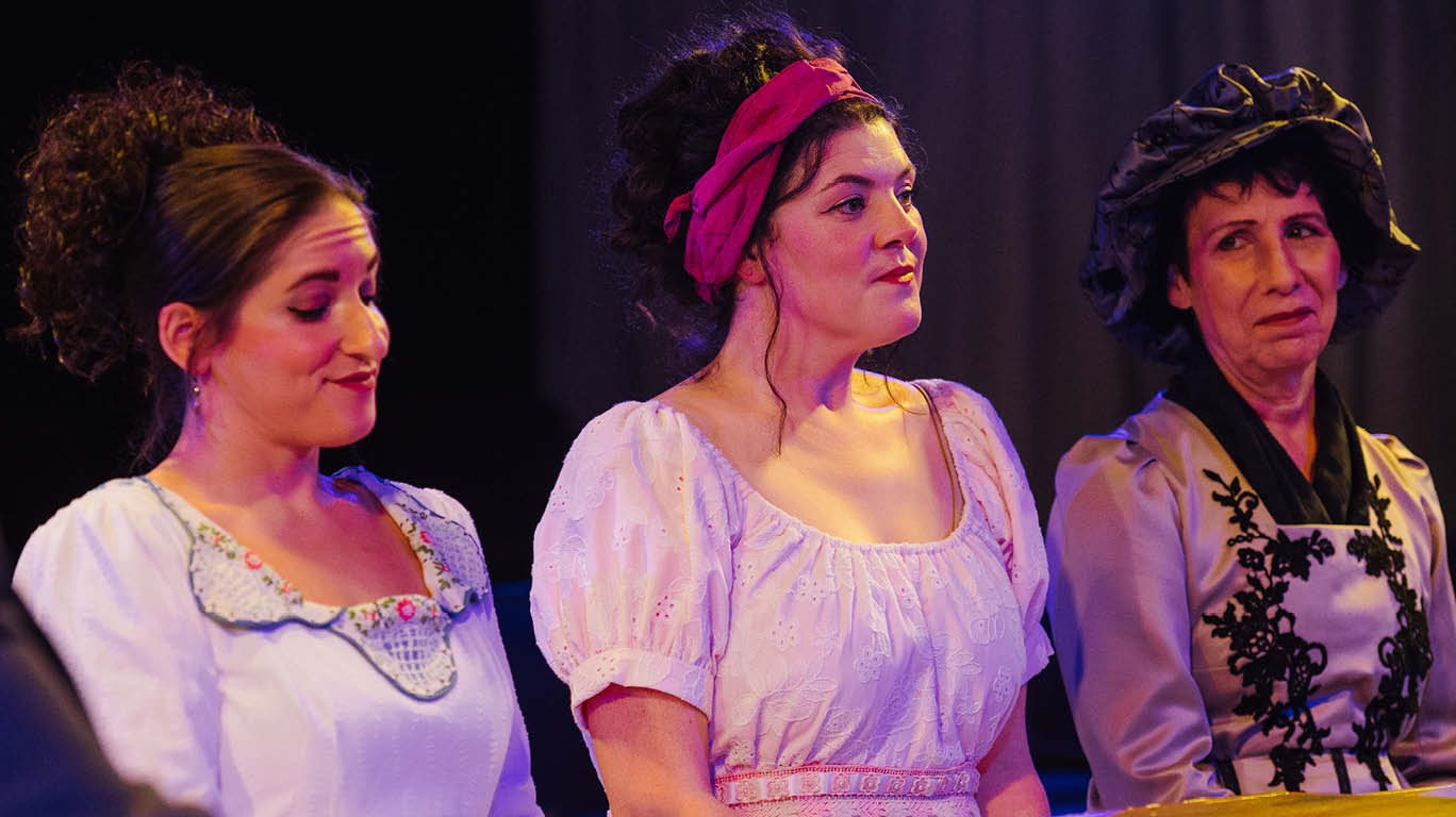 Tori Weaver (left) as Elinor, with Shea-Mikal Green (center) as Marianne, and Julie Herber (right) as Mrs. Dashwood in Sense & Sensibility at Maryland Ensemble Theatre 📷 Spence Photographics