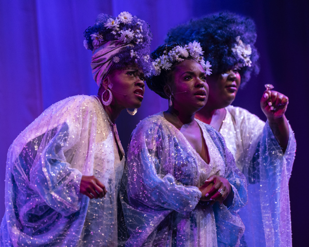 Latrice Pace (left) as Glory Divine, with Tiya Askia (center) as Mighty Divine, and Courtney Monet (right) as Holy Divine in Oh Happy Day! at Baltimore Center Stage 📷 Teresa Castracane