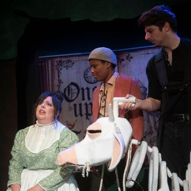 Lauren Riley Sayles (left) as Jack's Mother with Miles Weeks (center) as Jack and Matthew Lindsay Payne (right) as Milky White in Into The Woods at the Vagabond Players 📷 Shealyn Jae Photography