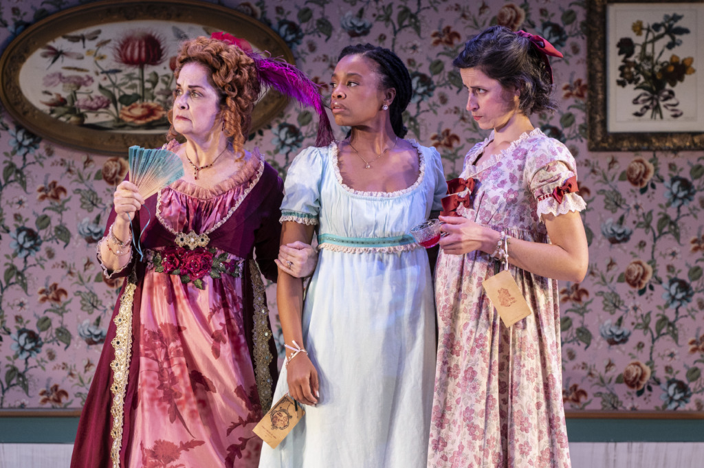 Alanna Hamill Newton (left) as Mrs. Bennet with Lizzy Brooks (center) as Lizzy Bennet and Lizzy Lewis (right) as Lady Lydia Bennet in Pride & Prejudice at Baltimore Center Stage 📷 Teresa Castracane