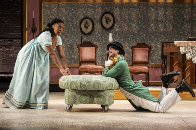 Lizzy Brooks (left) as Lizzy Bennet and Alexander Matos (right) as Mr. Collins Pride & Prejudice at Baltimore Center Stage 📷 Teresa Castracane