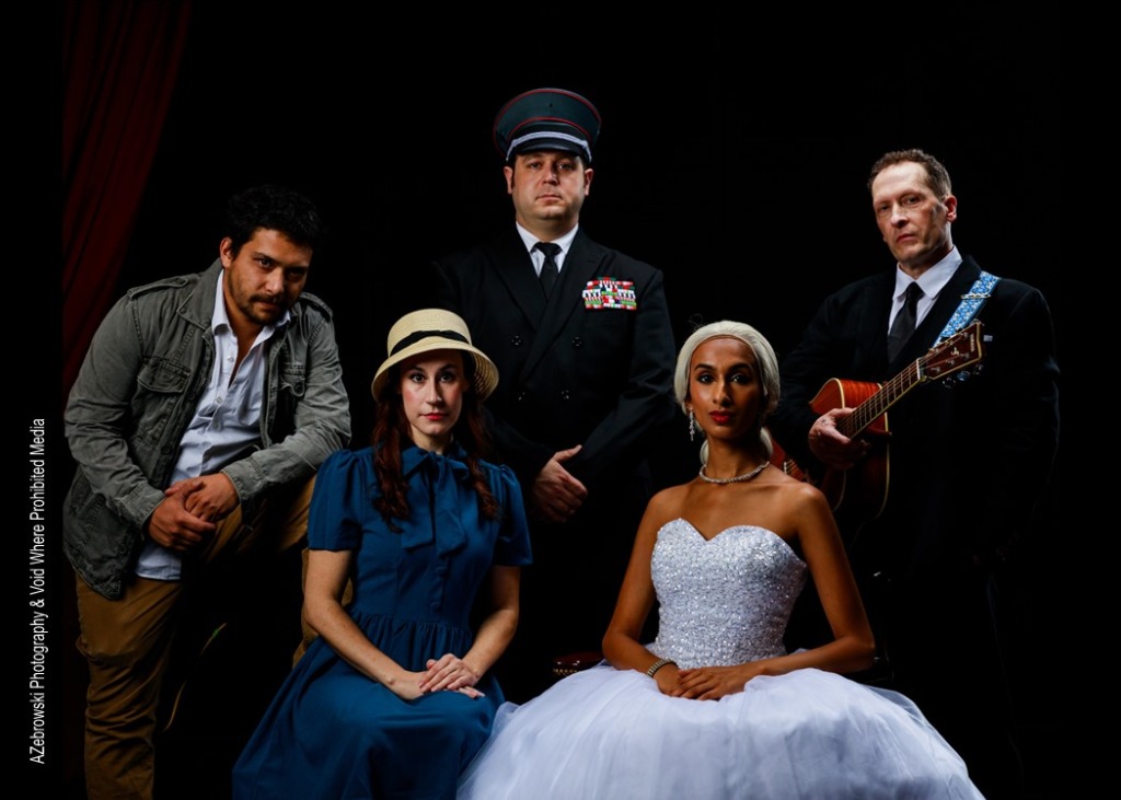 (L to R) Alexander Ose as Che, Lizzie Detar as Mistress, Patrick Jay Golden as Peron, Chinmayee Balachandra as Evita, and John Rose as Magaldi in Evita at Just Off Broadway