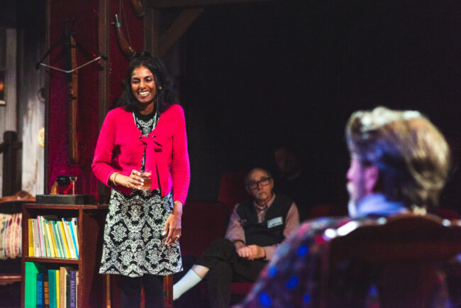 Aparna Sri (left) as Myra Bruhl and Darren McDonnell (right) as Sydney Bruhl in Deathtrap at Spotlighters Theatre 📷 Machpe