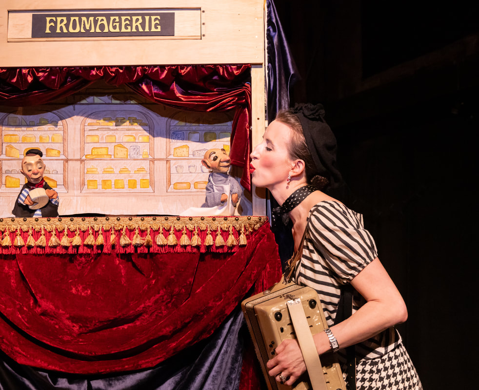 Jacque (left) with Cheesemonger (center) and Colette (Sarah Olmsted Thomas, right) in Happy Birthday, Mon Ami! an Alex&Olmsted production 📸 Ryan Maxwell Photography