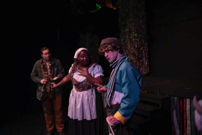 Pat Collins (left) as the Baker with Breonna Lewis (center) as Baker's Wife and Chris Williams (right) as Jack in Into The Woods at Street Lamp Community Theatre 📷 Andrew DiMaio